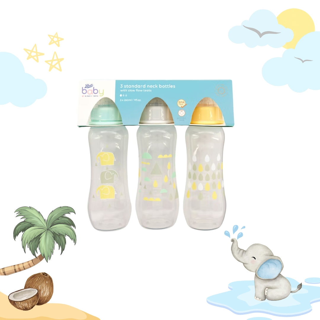 Boots Baby Standard Neck Feeding Bottle 260ml 3 Pack - Patterned