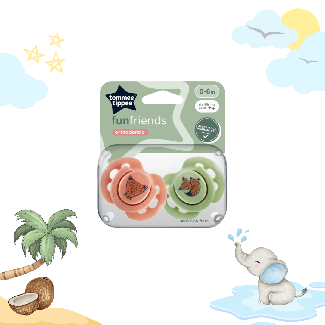 Tommee Tippee 2x Orthodontic Fun Soothers with Steriliser Pod - 0-6m