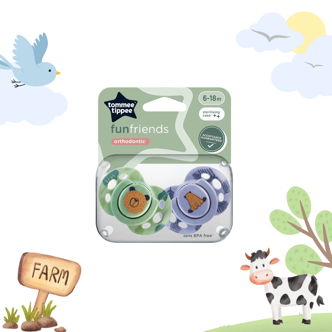 Tommee Tippee 2x Orthodontic Fun Soothers with Steriliser Pod - 6-18 m